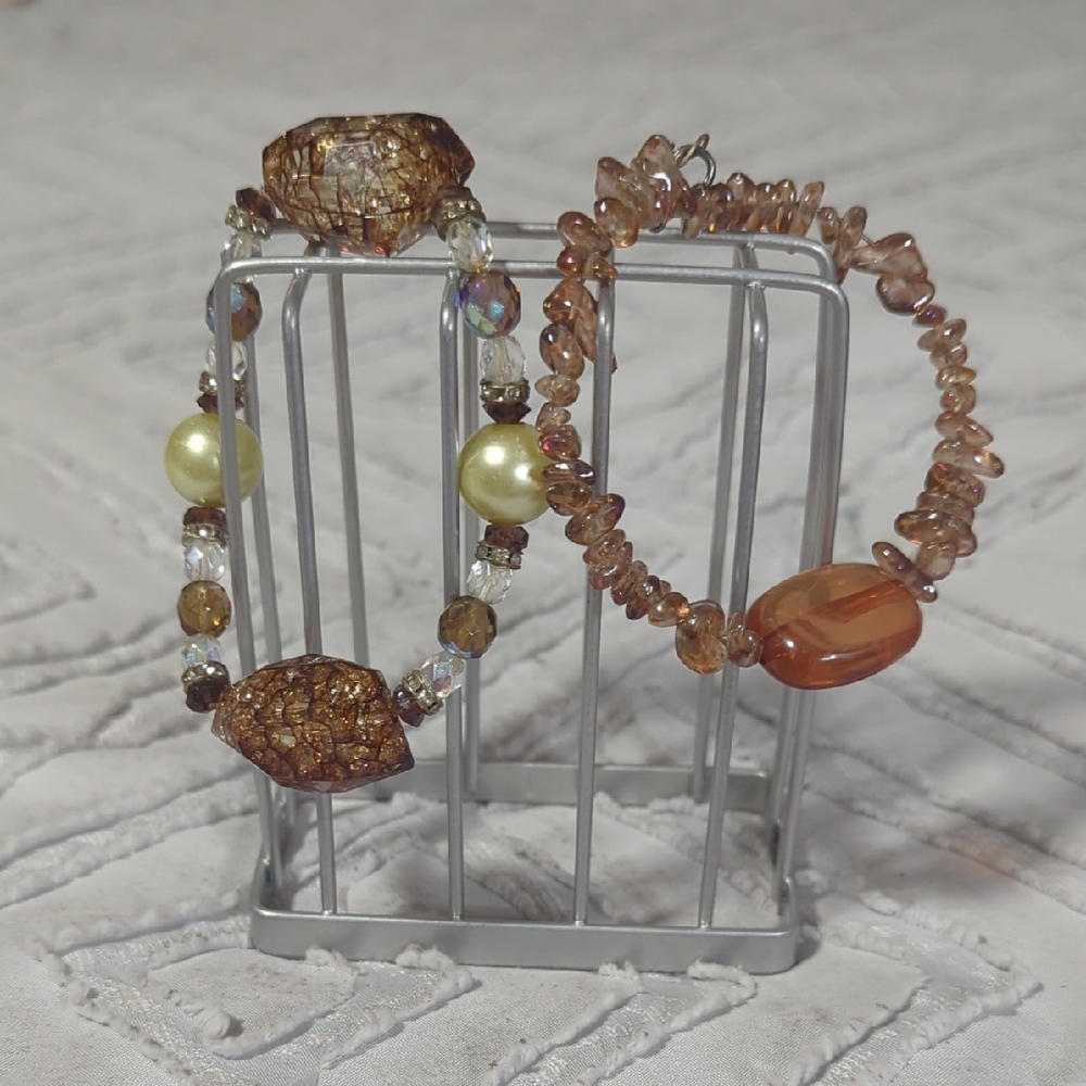 Handmade Brown & Gold Beaded Stretch Bracelet Set - Women Jewelry